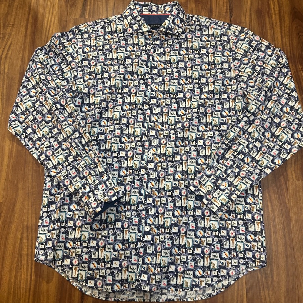 Bugatchi Mens Classic Fit Tropical Postage Stamp Animal Print Cotton Shirt L
